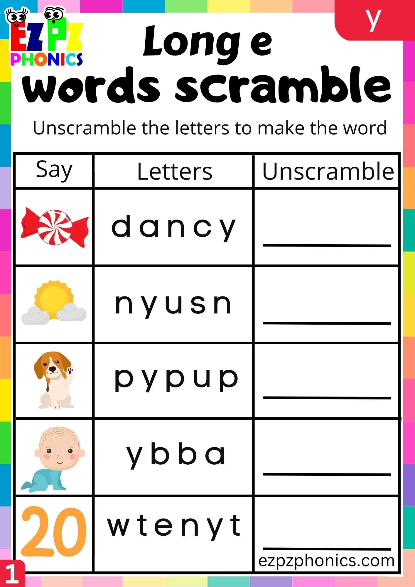Group1 Y Words Words Scramble Long E Phonics Worksheet
